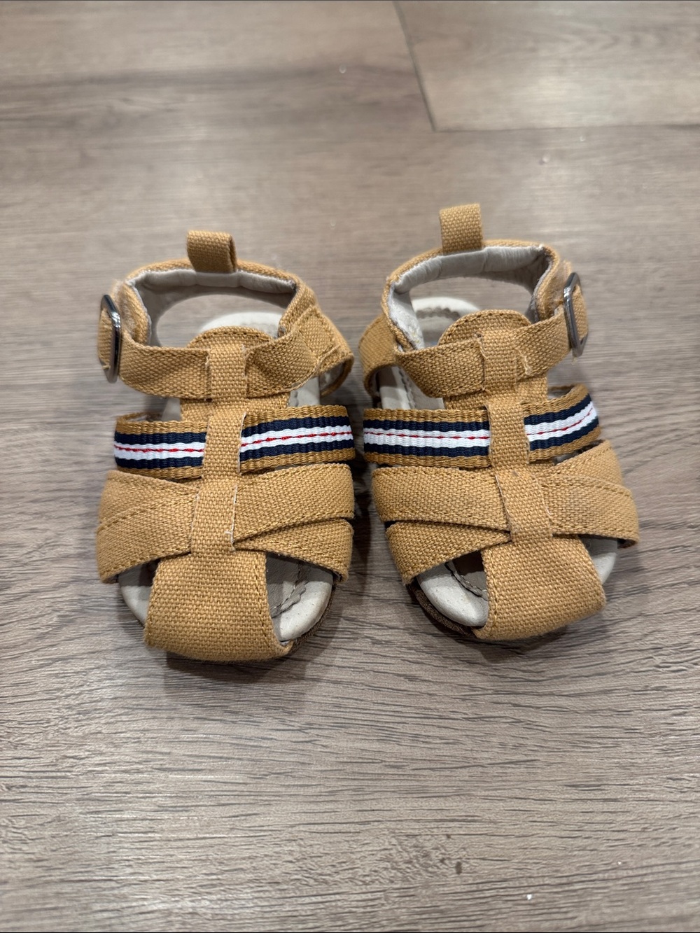 Robeez Baby Tan Canvas Sandals with Striped Accent